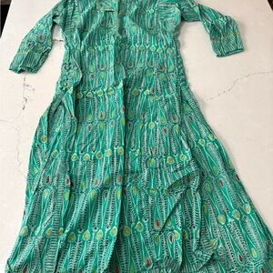 ANOKHI Sz S Dress Kaftan Beach Cover Up Dress-Boho Block Print Hand Painted Fab